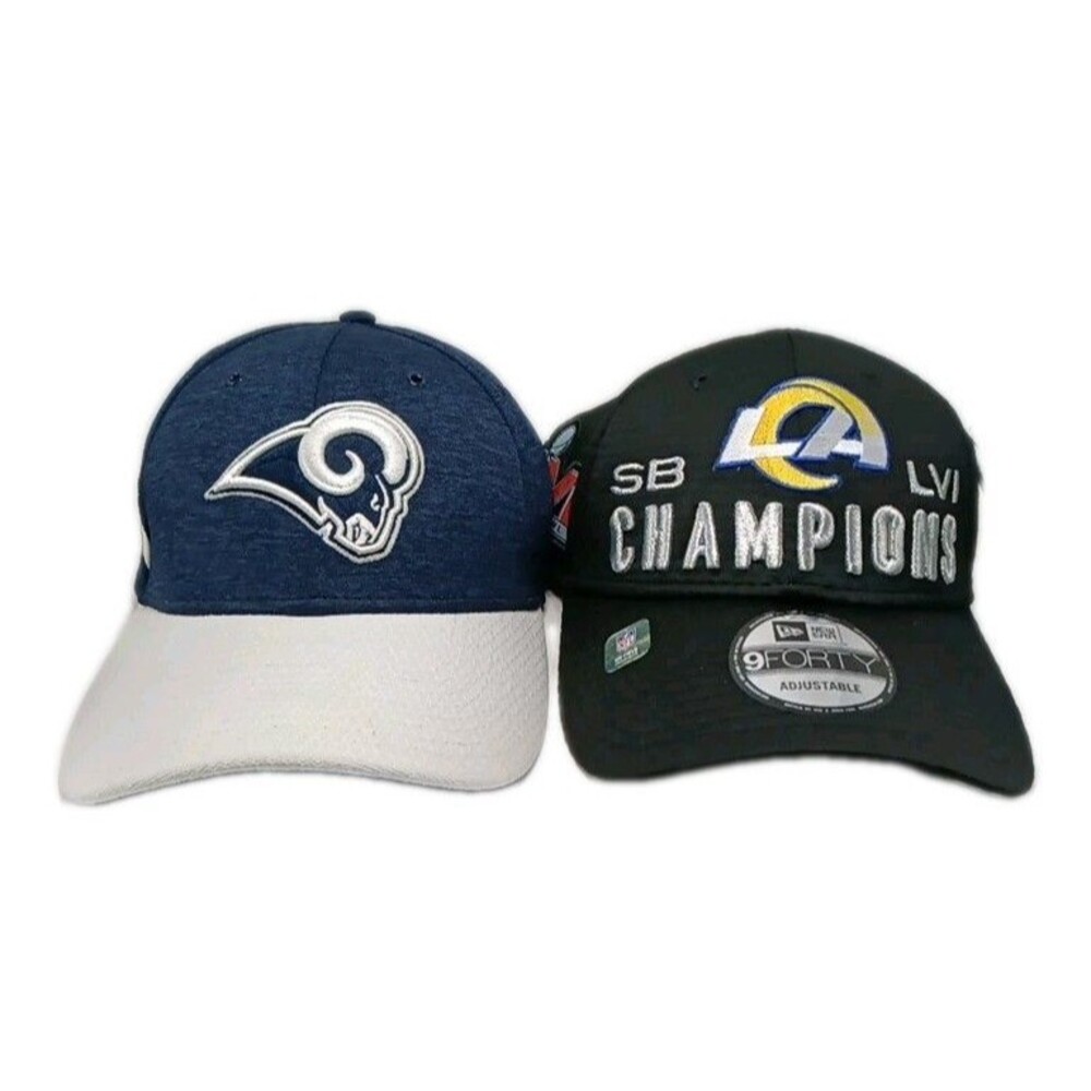 Los Angeles Rams NE 39Thirty Fitted L-XL & NE 9Forty SB LVI Champs Cap Hat Lot 2